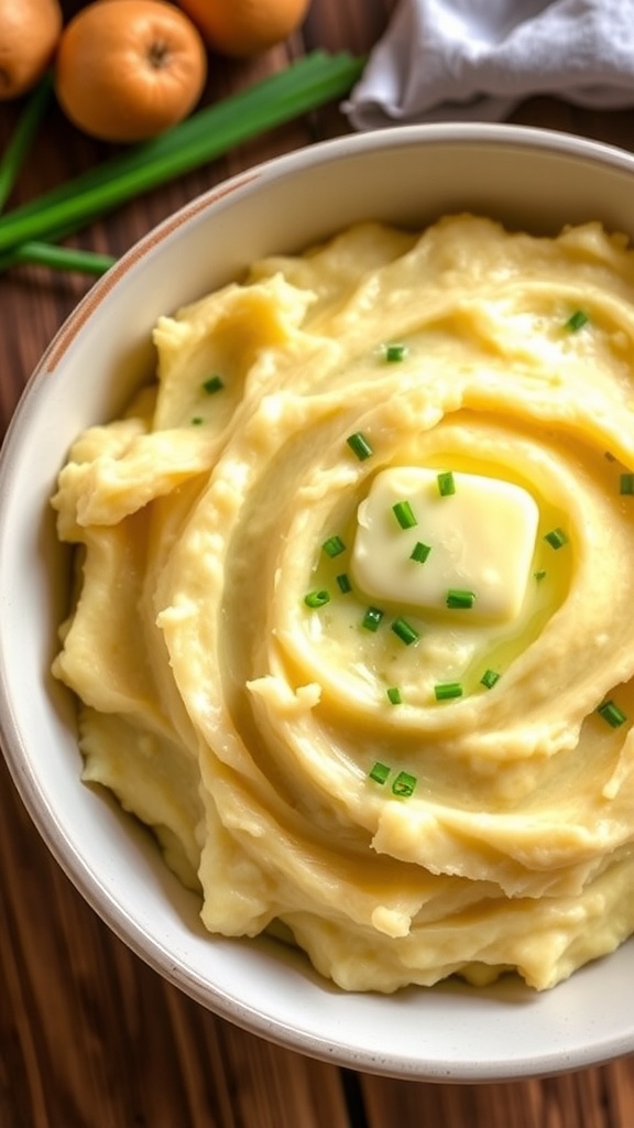 Creamy mashed fingerling potatoes with melted butter and chives in a rustic bowl.